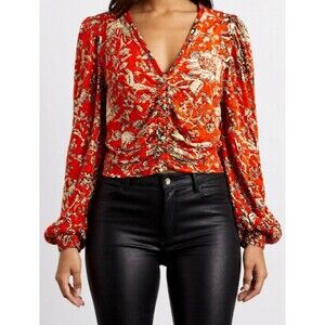 Free People Crop Top Women’s Size Large Orange Floral Ruched Boho Say the Word